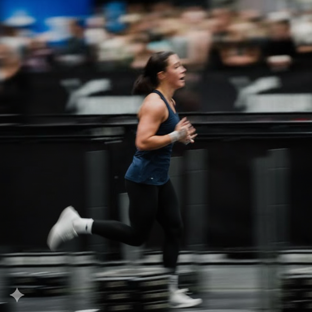 Athletin beim Wettkampf-Run, trägt schwarze Sport Leggings und blaues Tanktop von GOODEN Sportswear – nachhaltige Sportswear Damen, funktional für Laufen, Crossfit und Krafttraining.
