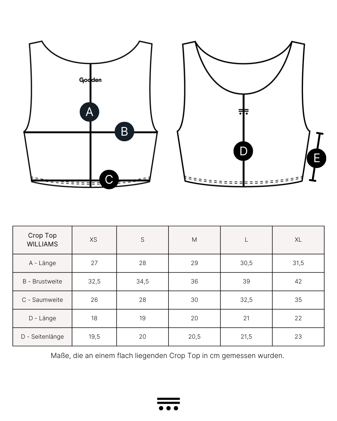 Technische Zeichnung und Maßtabelle des Gooden Crop Top WILLIAMS in den Größen XS bis XL. Die Skizze zeigt Vorder- und Rückansicht des Tops mit Beschriftung der Messpunkte A (Länge), B (Brustweite), C (Saumweite), D (Länge Rückenmitte) und E (Seitenlänge). Tabelle listet alle Maße in Zentimetern bei flach liegendem Zustand auf.
