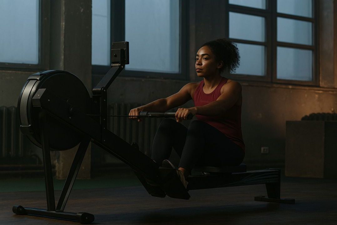 Woman wearing GOODEN Sportswear and doing a workout in the Gym in a dark environment in winter