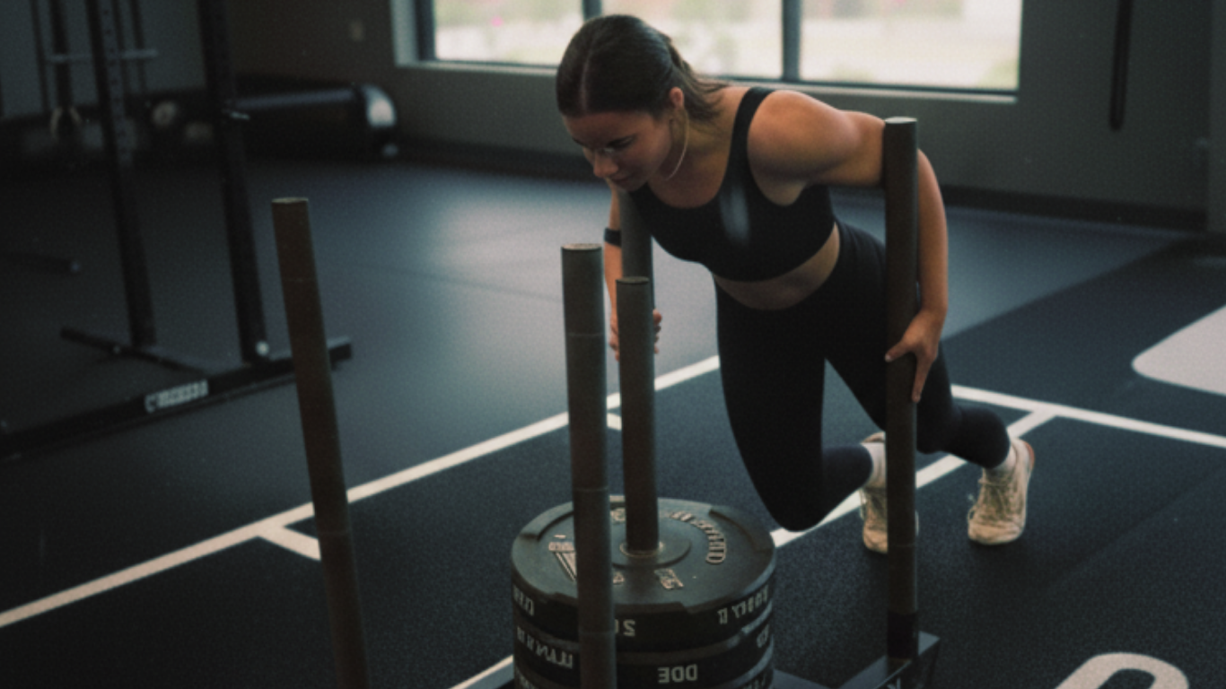 Frau beim Krafttraining im Gym mit Sled Push, trägt GOODEN Sportswear – nachhaltige Sport Leggings und Crop Top und Sportswear für Frauen, plastikfrei und funktional für Crossfit