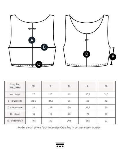 Technische Zeichnung und Maßtabelle des Gooden Crop Top WILLIAMS in den Größen XS bis XL. Die Skizze zeigt Vorder- und Rückansicht des Tops mit Beschriftung der Messpunkte A (Länge), B (Brustweite), C (Saumweite), D (Länge Rückenmitte) und E (Seitenlänge). Tabelle listet alle Maße in Zentimetern bei flach liegendem Zustand auf.