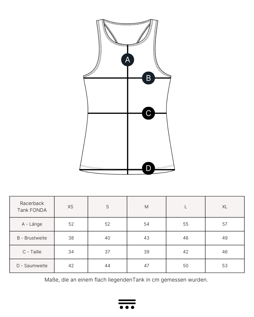 Technische Zeichnung und Masstabelle des Gooden Racerback Tank FONDA in den Groessen XS bis XL. Die Skizze zeigt die Vorderansicht mit den Messpunkten A (Laenge), B (Brustweite), C (Taille) und D (Saumweite). Die Tabelle gibt alle Masse in Zentimetern bei flach liegendem Zustand an.