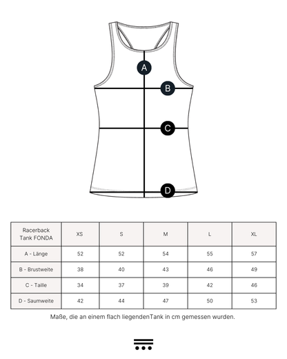 Technische Zeichnung und Masstabelle des Gooden Racerback Tank FONDA in den Groessen XS bis XL. Die Skizze zeigt die Vorderansicht mit den Messpunkten A (Laenge), B (Brustweite), C (Taille) und D (Saumweite). Die Tabelle gibt alle Masse in Zentimetern bei flach liegendem Zustand an.